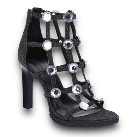 KARL LAGERFELD Beatriz Faux Crystals Heel Sandals in Black Size 10 NWOT - Picture 1 of 15